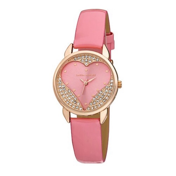 New! Laura Ashley Pink Heart Patent Strap Gold Rhinestone Watch - Picture 2 of 15